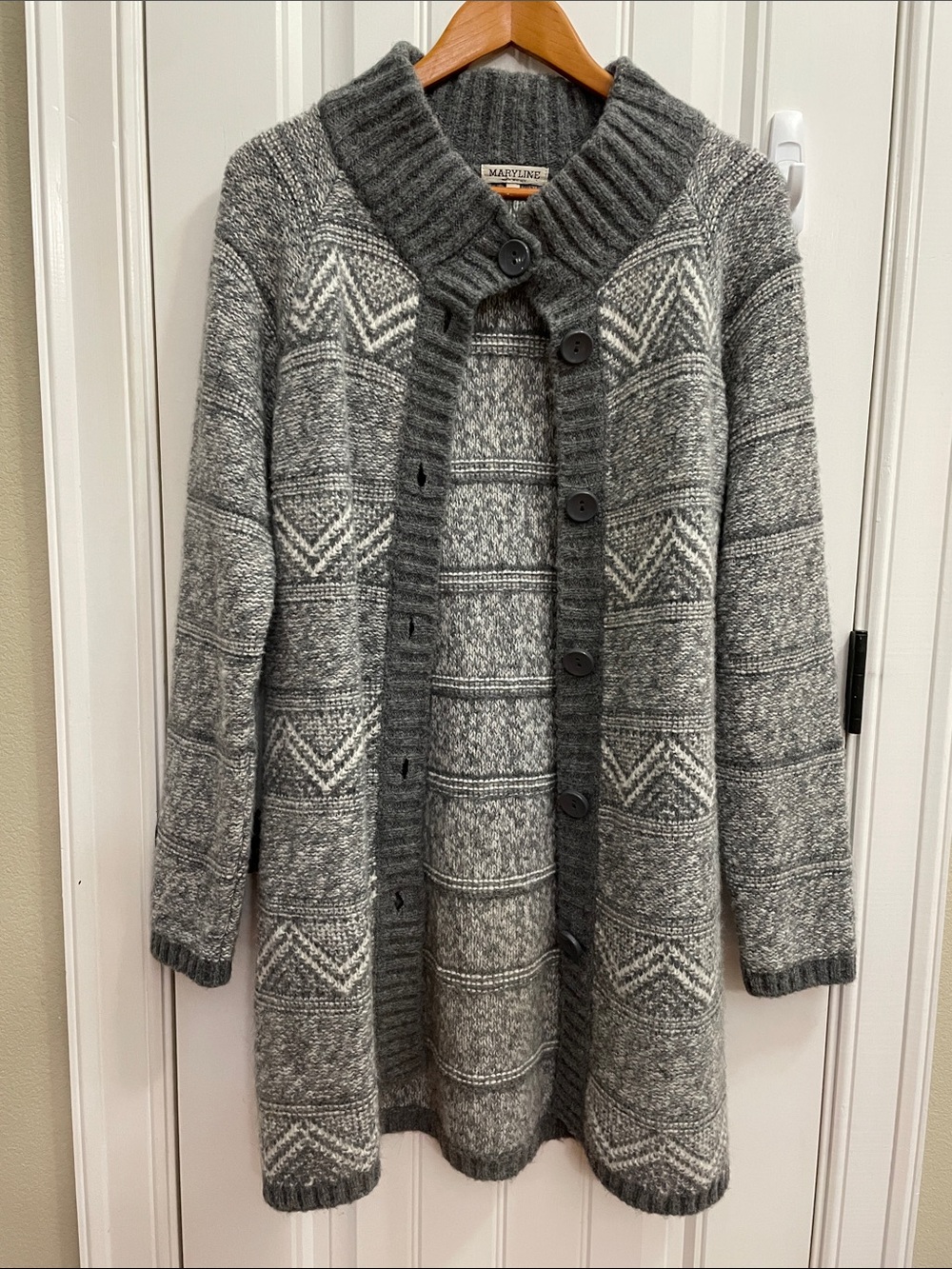 Maryline Italian Wool Blend Geay Pattered Long Sweater Cardigan Size Large